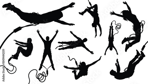 Bungee jumping and elastic cord action sport silhouettes set, extreme, adventure, free fall, activity, risk, excitement, recreation, vector.