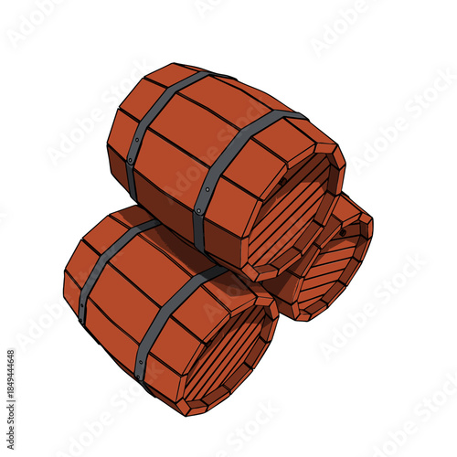 Wooden Old Vintage Barrel with Metal Bands. Vector Illustration.