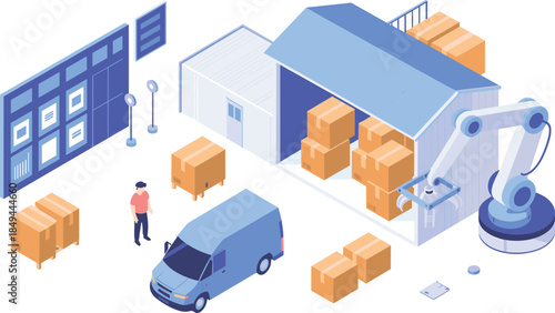 Isometric warehouse automation illustration, robotic arm loading boxes, smart logistics distribution center with delivery van and storage facility