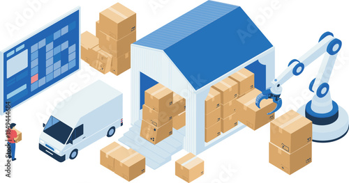 Isometric smart warehouse automation illustration, robotic arm loading boxes, digital logistics system with delivery van and storage facility