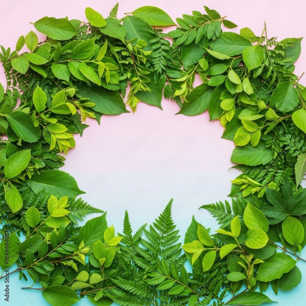 Fototapeta premium Vibrant green leafy circular wreath on pastel background.