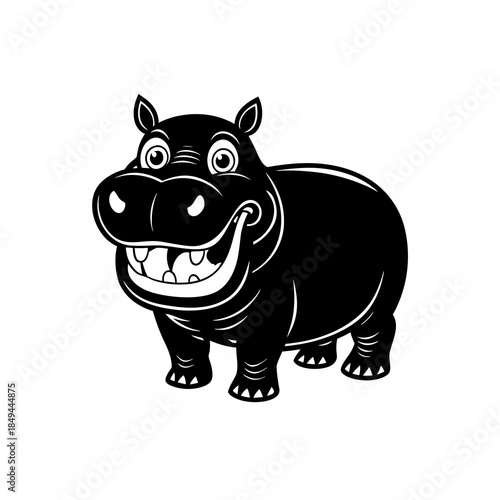 A black cartoon hippopotamus with a wide, toothy grin and big eyes.