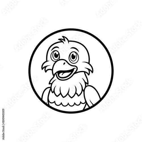 A black and white cartoon illustration of a happy eagle's head and shoulders within a circle.