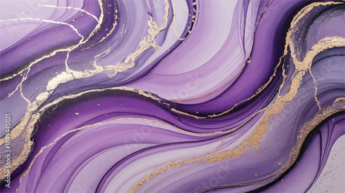 An abstract alcohol ink painting featuring swirling purple and gold patterns viewed from above in a creative artistic environment