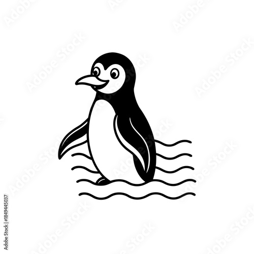 A cute cartoon penguin is standing in wavy water, depicted in a simple black and white illustration.