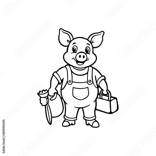 A cartoon illustration of a happy pig wearing overalls and holding a bag and a toolbox.