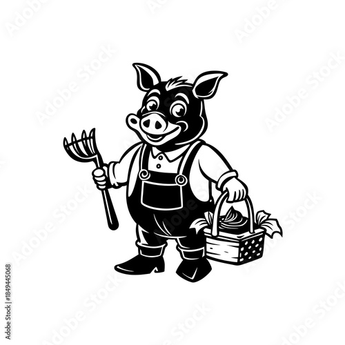A cartoon pig farmer wearing overalls and holding a pitchfork and a basket of produce.