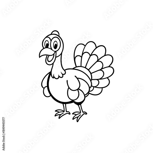 A simple black and white cartoon illustration of a happy turkey with its tail feathers fanned out.