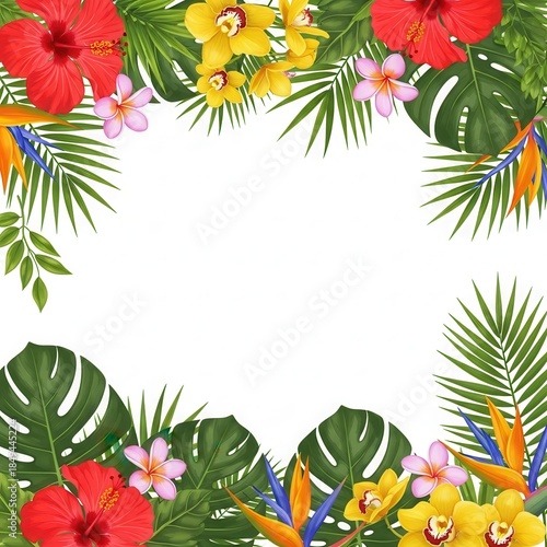 Vibrant tropical foliage border frame with hibiscus and palm leaves.