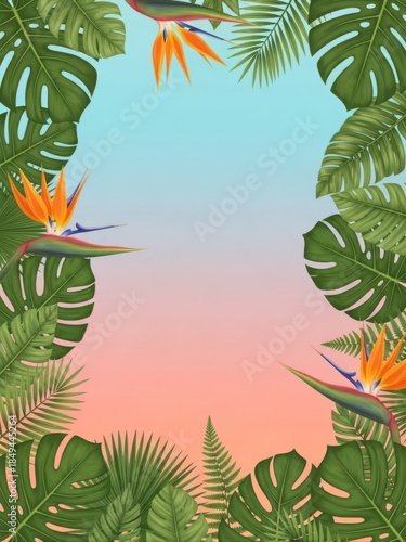 Vibrant tropical foliage framing pastel sunset sky.