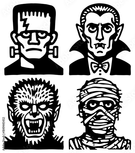 zombie monster dracula frankenstein mummy werewolf design cartoon set