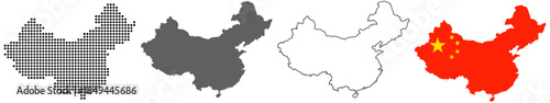 China Map Set with Dot, Silhouette, Outline and Flag Vector