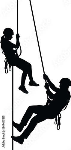 Climber duo silhouette rappelling down, mountain climbing, adventure, extreme sport, high altitude, rope, safety equipment, teamwork, outdoor activity.