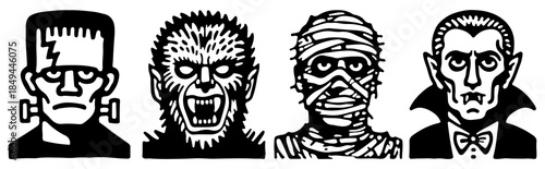 zombie monster dracula frankenstein mummy werewolf design cartoon set