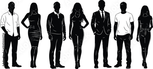 Fashion people silhouettes standing together, diverse men and women styles, modern lifestyle concept, casual and formal outfits isolated white background