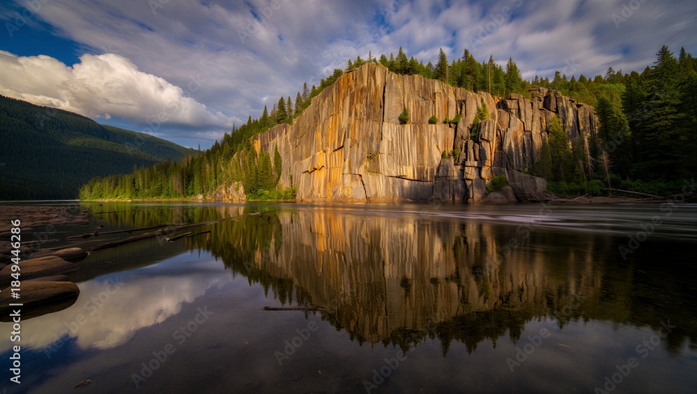 Fototapeta premium Serene mountain lake with rocky cliffside and lush greenery reflecting in calm water