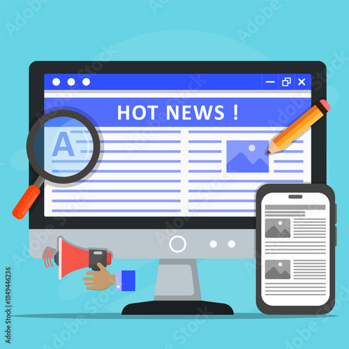 Online news and content creation concept illustration showing digital journalism, news publishing, article editing, media promotion and platform content distribution on desktop and mobile screens.