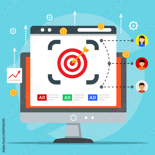 Targeted digital advertising concept. Flat illustration showing audience targeting, ad placement optimization, conversion tracking, and data-driven marketing on a computer screen.