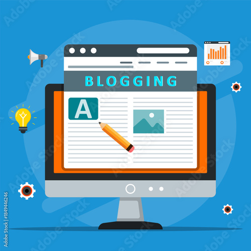 Blogging and content creation concept illustration showing writing articles, digital publishing, online media production, and creative ideas displayed on a computer screen.