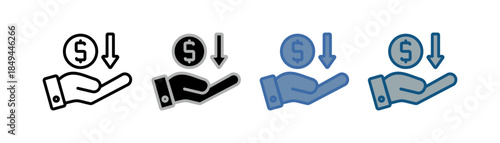
receive money icon set multiple style collection with hand, money and down arrow design