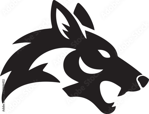 Black and white stylized wolf head silhouette with sharp teeth and pointed ears