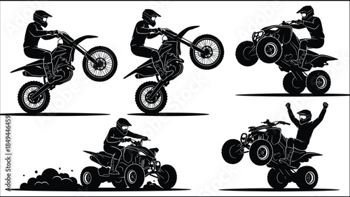 Extreme sport motorbikes and ATVs stunts silhouettes set, dirt bike, quad, rider, action, off-road, speed, wheels, adventure, black vector.