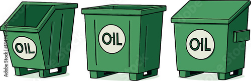 Three Green Oil Dumpsters Isolated on Transparent Background