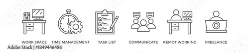 Work from home banner web icon vector illustration concept of wfh with icon of workspace, time management, task list, communicate, remote working and freelance