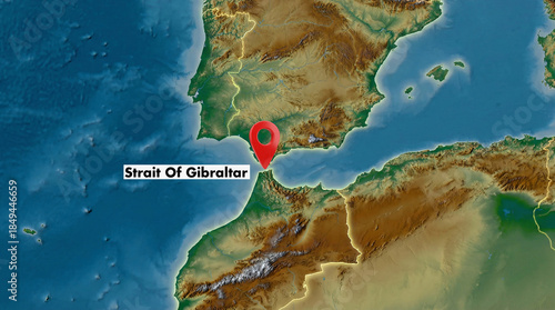 Top Down Terrain Map View Of Strait Of Gibraltar With Red Location Pin JPG