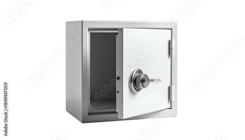 Shiny white safe with open door, showing the interior, isolated on a black background