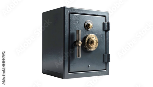 A metallic, secure safe with a dial, handle, and a black background