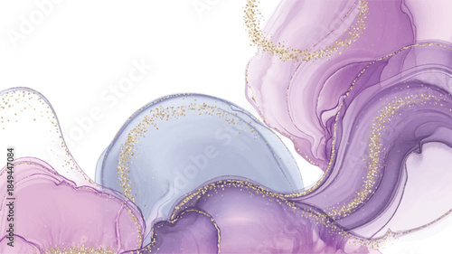 Soft, ethereal background design featuring abstract, flowing shapes in pastel hues with gold accents on a white background