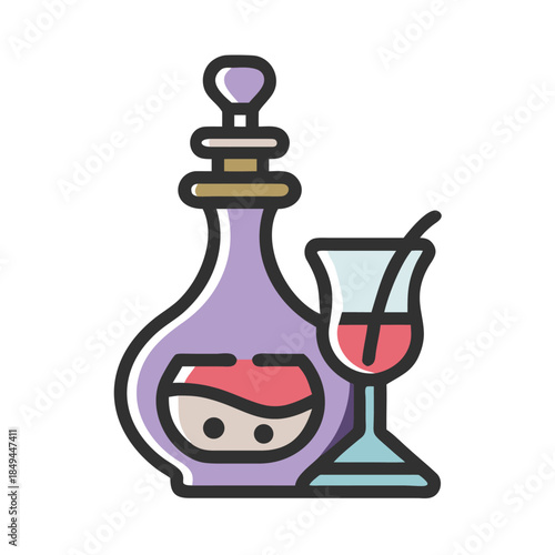 Stylized icon of a purple decanter filled with red liquid next to a cocktail glass