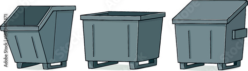 Three Industrial Dumpsters in Different Styles and Sizes