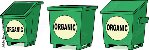 Three Green Organic Waste Bins for Recycling and Composting