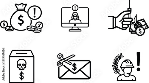 black and white icons of money and security threats online
