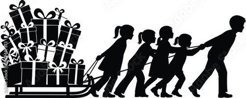  Family pulls a sleigh loaded with christmas presents through the snow