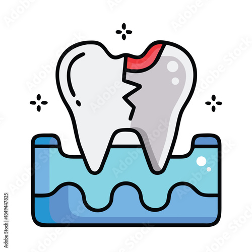 Cracked tooth icon showing decay and gum line problems in a simple flat design style