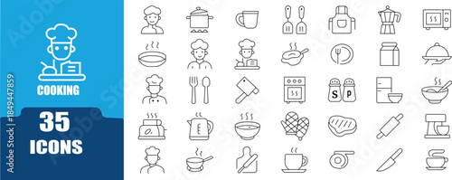Kitchen and Cooking Line Icons Set – Chef, Food, Utensils and Cookware Vector Collection