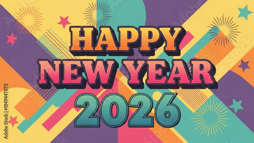 Happy New Year 2026 text with retro geometric background festive celebration graphic for holiday greetings and event promotion