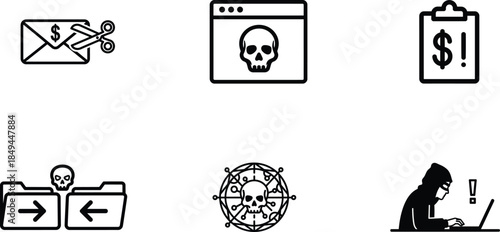Black and white illustrations of various cybercrime and hacking related symbols and icons used for security concepts