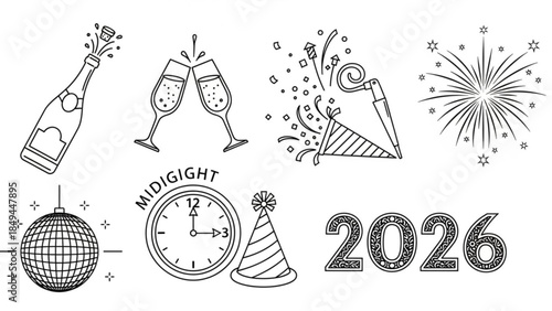 New Years Eve celebration icons including champagne clock party popper and fireworks perfect for festive design elements and invitations