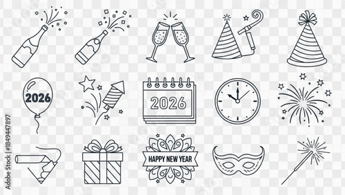 New Years Eve celebration icons including champagne fireworks party hats and calendar for 2026 perfect for holiday designs and invitations