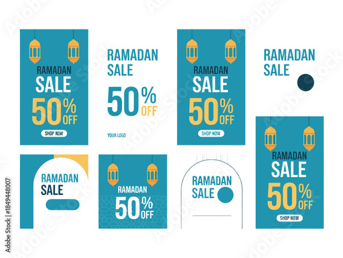 Vector collection of Ramadan sale social media banner templates with fifty percent off discount, hanging lanterns, and Islamic architectural frames.
