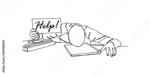 Illustrator vector single continuous line drawing of an exhausted businessman lying on a desk holding a "Help" sign. Minimalist sketch concept for office burnout, work stress, mental health crisis