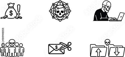 Black and white line icons of various security threats and financial risks
