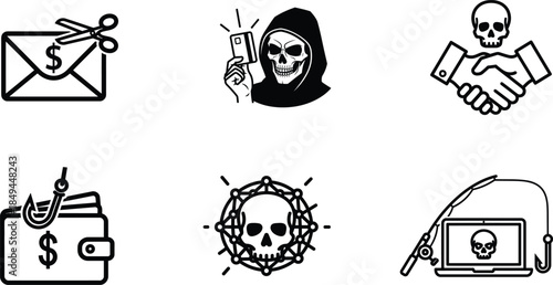 Black line icons of death and money scams  hacking and phishing threats