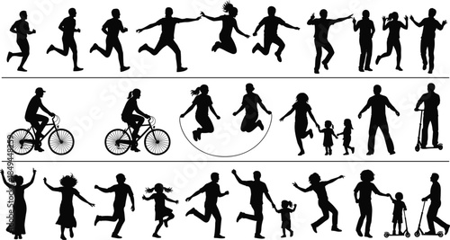 Silhouettes of people running, jumping, cycling, playing, outdoor family activities, active lifestyle movement, children exercising, joyful fitness recreation, healthy daily motion