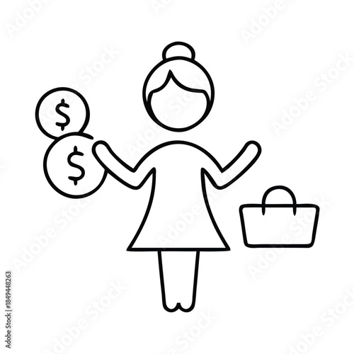 Woman balancing money and shopping bag icon representing consumer finance and purchasing power