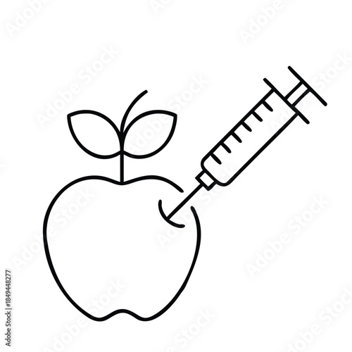 Simple line art icon depicting genetic modification of an apple with a syringe injection